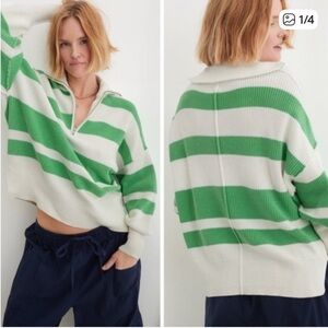 Aerie Green and White V-Neck Sweater